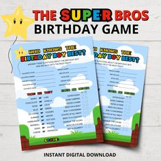 the super bros birthday game is on display in front of a white wooden background with text