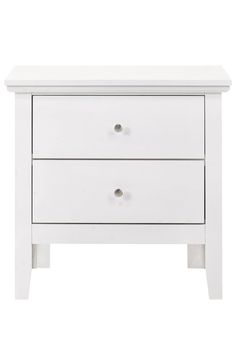 a white nightstand with two drawers on one side and an open drawer on the other