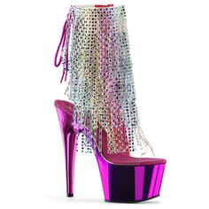 Pleaser ADORE-1017RSF Clear-Multi Color Ankle Boots With Fuchsia Chrome Platform Striper Heels, 7 Inch Heels, Pleaser Heels, High Heel Stiefel, Fringe Ankle Boots, Rhinestone Fringe, Pleaser Shoes, Light Up Shoes, Corsets And Bustiers