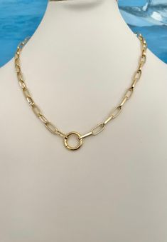 FREE SHIPPING! This is a beautiful 18K Gold Filled Paperclip Chain Necklace with Round Charm Holder that opens.    Available in yellow and white gold filled.  Available in your choice of custom made length with 2 inch adjustable extender.  Chain link is the perfect size, not too big, not too small. 5 x 12mm. Just right! Lobster clasp.  Stunning! To keep your jewelry in excellent condition: 1) Avoid contact with water, perfume and lotion. 2) Remove during physical activities. 3) Store separately Perfume And Lotion, Water Perfume, Charm Holder, Snap Ring, Ring White Gold, Trombone, Chain Link Necklace, Link Necklace, White Ring