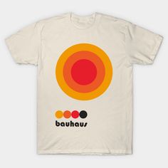 a white t - shirt with an orange, red and yellow circle on the front