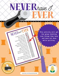 Never Have I Ever, Quilt Games, Retreat Activities, Quilt Guild Games, Quilty Cobb, Printable, Digital Download Take the planning out of your next guild meeting!  Add this fun game to get the party rolling! QUILT GAME, Instant Digital Download, Printable Game, Quilty Cobb DOWNLOAD INCLUDES Game rules and Tally Sheet w/ Round games & Items needed for each game, Puzzle page Digital downloads make life easier, NO SHIPPING and you get it immediately! **Please note- this is NOT A PHYSICAL PRODUCT, th Quilt Games For Guilds, Quilt Retreat Games, Quilt Games, Quilt Guild Programs, Quilt Retreat Gifts, Machine Binding A Quilt, Quilt Quotes, Retreat Activities, Bus Trip