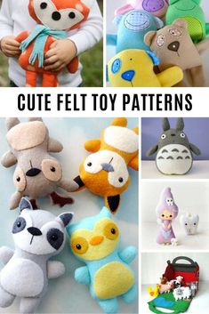 there are many different stuffed animals in this collage with the words cute felt toy patterns