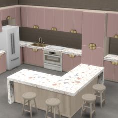 an image of a kitchen setting with pink and white decor on the counter tops, stools