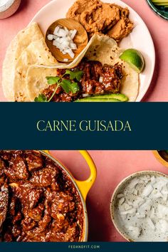 Carne guisada sits in a yellow pot. A taco sits on a white colored plate. Guisada Recipe, Mexican Stew, Mexican Flavors, Carne Guisada, Mexican Spices, Beef Stew Meat, Grilled Beef