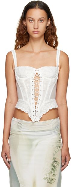 Plain-woven cotton and sheer stretch nylon mesh camisole. Boning and broderie anglaise detailing throughout. · Paneled construction · Lace-up closure · Zip closure at back · Partial mesh lining Supplier color: White Summer Cotton Corset With Built-in Bra, Spring Lace Top Sleeveless Corset, Spring Sleeveless Lace Top Corset, Spring Lace Camisole Corset, Spring Lace Corset, Summer Lace Corset With Straps, Spring Lace Sleeveless Corset, Chic Underbust Top With Adjustable Straps, Summer Tank Strap Corset With Corset Back