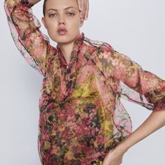 Zara Nwot Organza Floral Bomber Jacket. Htf Organza Bomber Jacket Featuring A Floral Print All Over In Autumnal Rose Hues And Zip Front Closure. Tie Detail At The Waist. Bomber Style Collar And Puff Sleeves. Color: Rose / Green. Us Size M. New Without Tags. Excellent Condition. Stunning On! Best Fits A Us Size S-M Price As Marked Or Best Offer! Feminine Pink Floral Print Outerwear, Chic Pink Fall Blouse, Feminine Pink Blouse For Fall, Chic Pink Blouse For Fall, Chic Pink Floral Print Outerwear, Pink Spring Blouse For Work, Spring Pink Blouse For Work, Pink Spring Blouse For Workwear, Pink Blouse For Spring Daywear