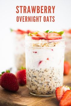 strawberry shortcake overnight oats in a jar with strawberries