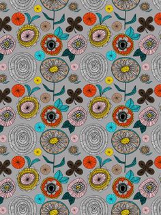 an abstract floral design with many colors and designs on grey background, suitable to use as wallpaper or fabric