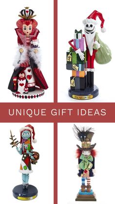 four different figurines are shown with the words unique gift ideas written on them