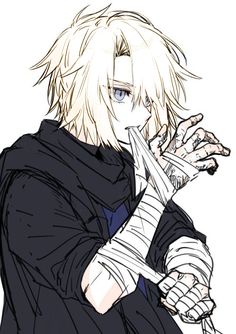 an anime character with blonde hair and black clothes holding his hands out to the side