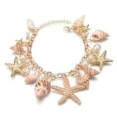 Golden Seashell & Starfish Charm Bracelet Matching Necklace Sold In Another Listing Bundle Both & I'll Send You A Discounted Offer Bracelets Outfit, Seashell Bracelet, Stella Marina, Starfish Bracelet, Beach Bracelets, Ocean Jewelry, Bohemian Beach, Shell Bracelet, Styl Boho