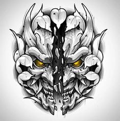 an artistic drawing of a dragon's head with yellow eyes and sharp fangs on it