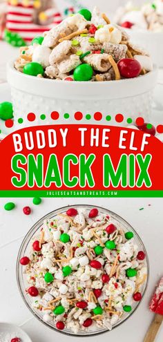 Dig into this delicious and fun Buddy the Elf Snack Mix that will remind you of your favorite Christmas movie! A sweet and salty mixture of Chex cereal, Bugles, popcorn, chow mein, M&Ms and much more tossed in a white chocolate. Perfect for edible holiday gifts too. Chex Mix Recipes Buddy The Elf, Peanut Free Christmas Treats For School, Grinch Mix Snacks, Easy Christmas Snack Mix Recipes, Sweet And Salty Christmas Treats, Classroom Treats For Christmas, Elf Movie Snacks, Elf Snacks For Kids, Christmas Trail Mix For Kids