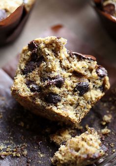 chocolate chip muffins with one cut in half