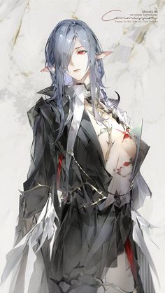 an anime character with blue hair and white skin, wearing black clothing while standing in front of a marble background