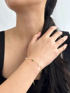 Your new dainty, daily companion. Constance will serve as your reminder to embrace life’s changes with unwavering dedication and perseverance. Green Minimalist Bracelet With Jubilee Design, Dainty Pearl Bracelet For Friendship, Minimalist Green Bracelet For Everyday Wear, Dainty Green Everyday Bracelets, Dainty Green Bracelets For Everyday, Embrace Life, Pearl Bracelet, Jade, Gold