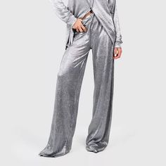 Silver Metallic Relaxed Fit Plisse Pants Elastic Waist Stretch Unlined No Pockets 100% Polyester Casual High Waist Pantsuit For Party, Trendy Wide-leg Party Pants, Trendy Full-length Evening Pants, Casual Party Pantsuit With Straight Pants, Casual Pantsuit With Straight Pants For Party, Casual Full Length Evening Pants, Casual Evening Trousers, Plisse Pants, Pants Elastic Waist