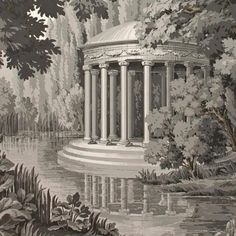 an old drawing of a gazebo in the middle of a pond with trees around it