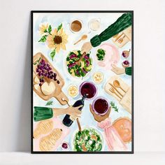 a painting of food on a table with utensils and sauces in it