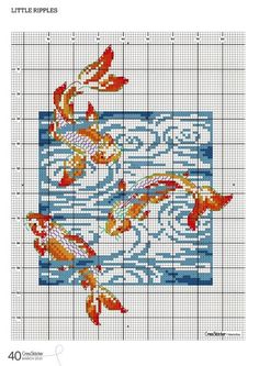 a cross stitch pattern with goldfishs on blue and white background, in the shape of a square