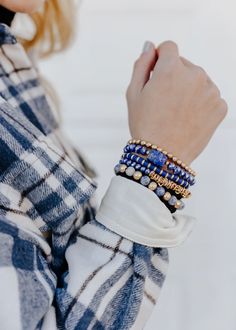 5-Stack Stone Beaded Bracelet Set - Blue – Adorabelles Holiday Break, Gold Disc, Stacked Stone, Blue Beads, Gold Beads, Metal Chain