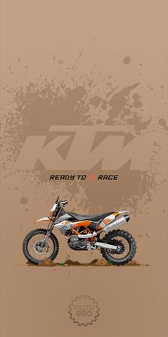 an orange and white dirt bike parked on the side of a road in front of a brown background