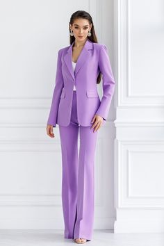 Fabric: Crepe Cotton 65%, Polyester 35% Single breasted blazer (1 button) Notched lapel Flap pockets High waist pants Wide-leg pants Jacket length: 70 cm/ 27,55 in Sleeve length: 65 cm/ 25,59 in Pants length: 120 cm/ 47,24 in Colors: Crimson, Lavender, Black Purple Suit Women, Lavender Suit, Choose An Outfit, Lavender Outfit, Purple Blazer, Purple Suits, Single Breasted Blazer, Purple Pants, Jumpsuit Elegant