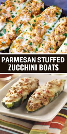 stuffed zucchini boats with parmesan stuff on top and in the bottom