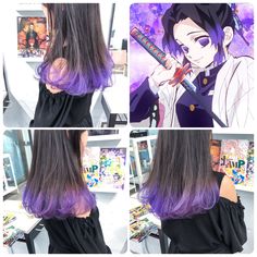 Shinobu Hair Color, Demon Slayer Hair Dye, Anime Hair Dye Ideas, Shinubo Kochou, Shinobu Hair Down, Shinobu Hairstyle, Shinobu Hair