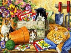 a painting of cats sitting on a table with flowers and other items in the background