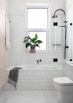 a white tiled bathroom with a plant in the window