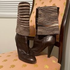 Missoni | Brown Leather Boots Brown Leather Boot With Traditional Missoni Fabric Overlay Fabric Can Either Be Worn Over Boot Flapped Down Or Up On Leg Making It As A Sock Effect Size 8 Designer High Heel Boots For Fall, Designer Brown Knee-high Boots, Designer Heeled Boots With Leather Lining For Fall, Designer Knee-high Boots For Fall, Designer Leather Heeled Boots For Fall, Brown Knee-high Evening Boots, Brown Leather Heeled Boots For Evening, Designer Heeled Boots With Leather Sole For Fall, Designer Almond Toe Boots For Fall