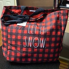 Let It Snow, Buffalo Print, % Cotton Black Shoulder Bag For Weekend, Casual Red Bags For The Weekend, Casual Red Bags For Weekend, Casual Red Weekend Bag, Casual Red Bag For Weekend, Red Rectangular Weekend Bag, Large Red Casual Bag, Rectangular Red Weekend Bags, Red Rectangular Bag For Weekend