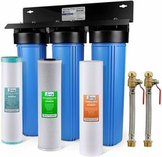 three water filtrators and two different types of filters on a white background