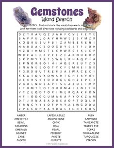 the gemstones word search is shown in purple and white, with words below it