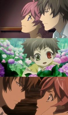 three anime characters with different expressions on their faces and in the background, there are flowers