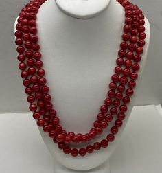 "Beautiful Vintage Genuine Deep Red Coral 7mm. Triple Strand Necklace with Mother of Pearl Flower carved silver plated clasp good pre/owned condition measures 18\" to 20\" layers and wearable 119 grams." Classic Red Coral Formal Jewelry, Elegant Red Necklaces With Sterling Silver Clasp, Red Single Strand Jewelry For Formal Occasions, Formal Red Single Strand Jewelry, Formal Red Single Strand Necklace, Blue Christmas Tree, Flower Carving, Gorgeous Christmas, Pearl Flower