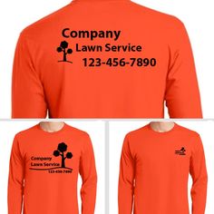 Long Sleeved Landscaping Company Shirt Fitted Long Sleeve Printed T-shirt, Orange Pre-shrunk Long Sleeve T-shirt, Lawn Care Business Cards, Lawn Care Business, Mom Ideas, Work Uniform, Company Shirts, Work Uniforms, Landscaping Company