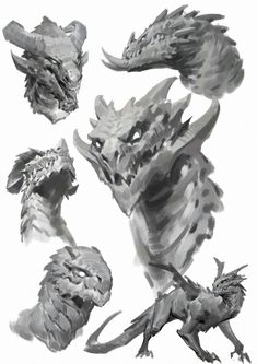 an ink drawing of different types of dragon heads