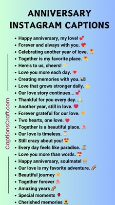 an anniversary card with the words instagramm captions in different colors and shapes