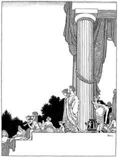 an illustration of people sitting around a pillar