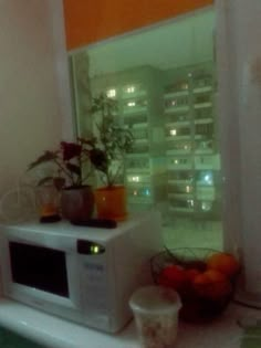 a microwave oven sitting on top of a counter next to a potted plant in front of a window