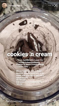 an advertisement for cookies'n cream in a blender