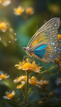 a blue and yellow butterfly sitting on top of a flower