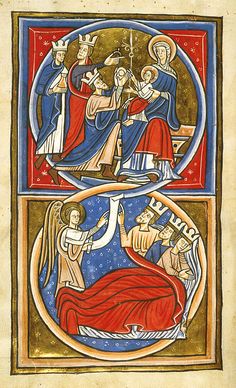 an image of the birth of jesus and mary in a medieval style, with two other images