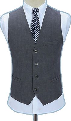 Business Vest With Pockets, Sleeveless Business Vest With Pockets, Sleeveless Business Vest With Buttons, Sleeveless Business Vest Outerwear, Business Sleeveless Vest With Buttons, Gray Sleeveless Vest For Formal Occasions, Gray Tailored Vest For Business, Formal Single-breasted Vest With Suit Collar, Semi-formal Single-breasted Vest With Notch Lapel