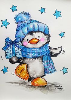 a watercolor painting of a penguin wearing a blue hat and scarf holding a present