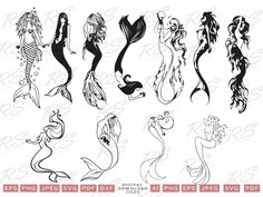 mermaid silhouettes in different styles and colors