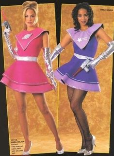 two women dressed in costumes from the 80s